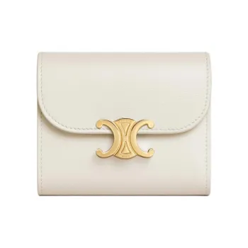 CELINE Triomphe Shiny Calfskin Wallet Small Size Women's White Cotton