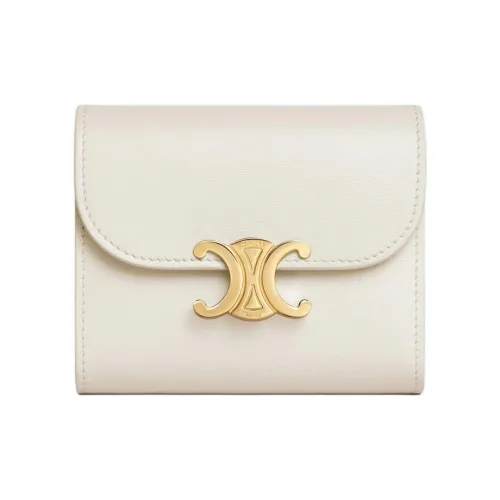 CELINE Triomphe Shiny Calfskin Wallet Small Size Women's White Cotton