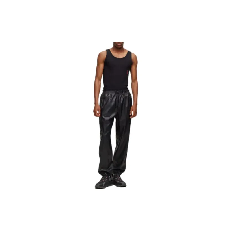 HUGO BOSS Faux-Leather Tracksuit Bottoms With Framed Logo Casual Pants Men's Black-1