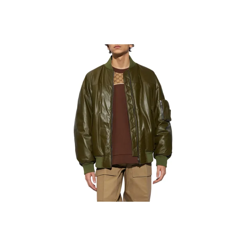 GUCCI Leather Jacket Men's Olive Green-2