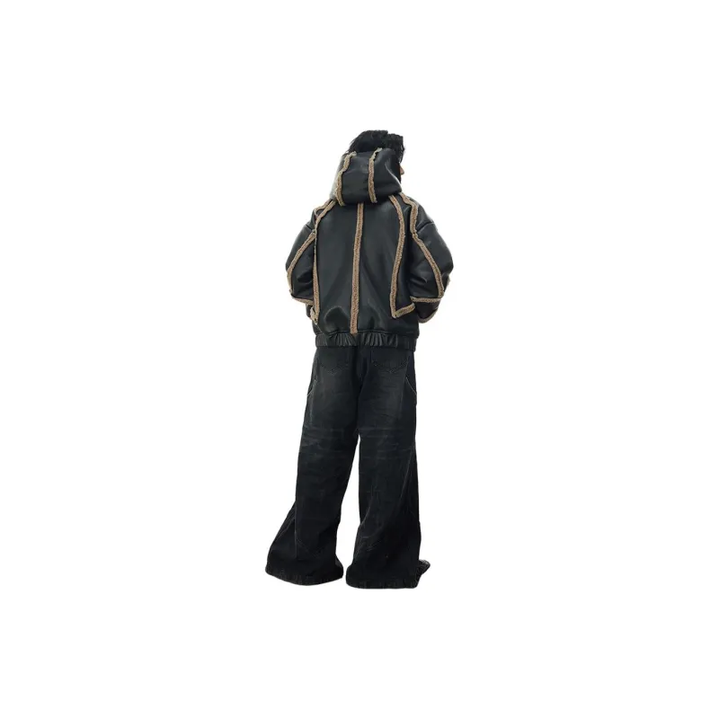 0-CROWORLD Leather Jacket Men's Black-2