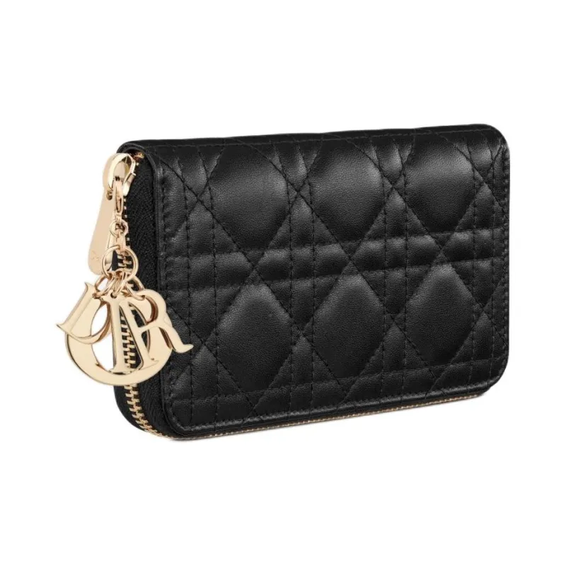 DIOR Lady Dior Lambskin Wallet Medium Size Women's Black-1