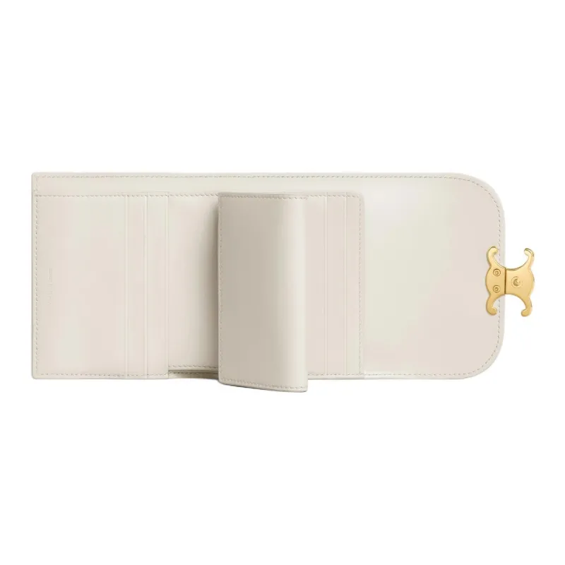 CELINE Triomphe Shiny Calfskin Wallet Small Size Women's White Cotton-3