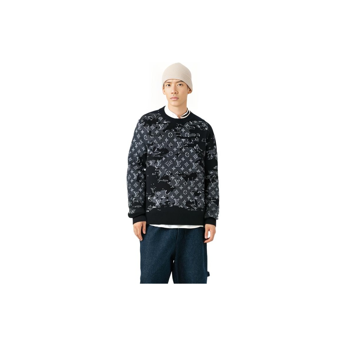 超美品LV ブラック ロゴセーターLサイズ Louis Vuitton ルイヴィトン 24SS モノグラムジャガードロゴ