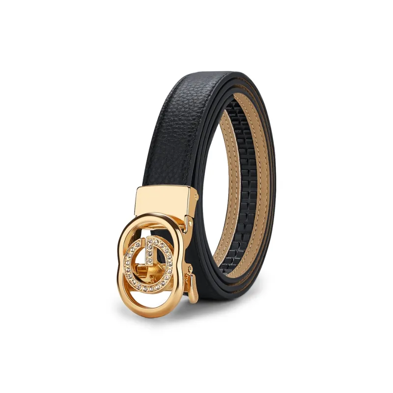 WilliamPOLO Top Grain Cow Leather Leather Belts Women's Gold Buckle Black Strap 2.4cm Width-1