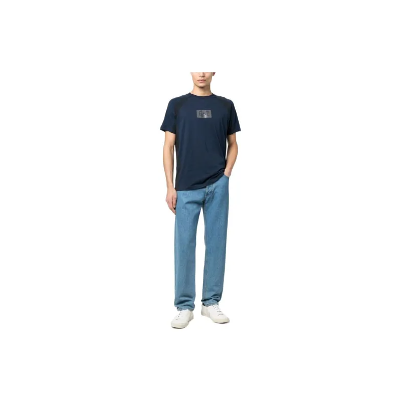 EMPORIO ARMANI EA7 Collection Logo Print Patchwork Raglan Short Sleeved T Shirt Men's Dark Blue-1