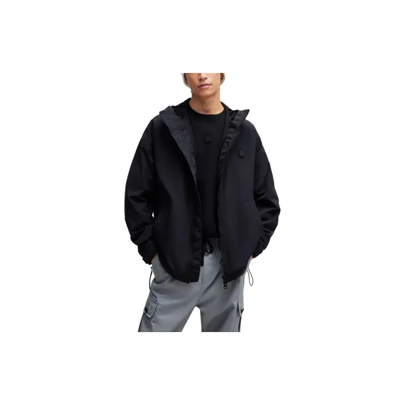 HUGO BOSS WATER REPELLENT HOODED WINDBREAKER WITH STACKED LOGO BADGE Jackets & Coats Men's Black-1