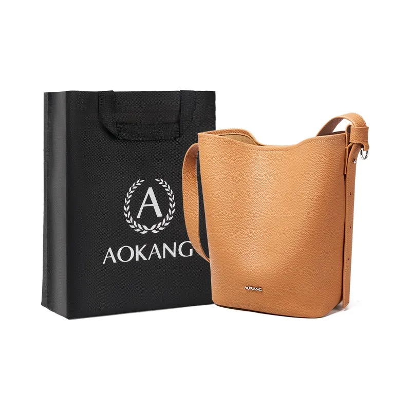 AOKANG Cow Leather Bucket Bag, Shoulder Bag Medium Size Women's Trench Gray/Cookie/Classic Black-4