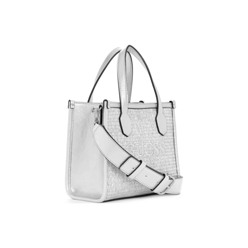 GUESS Raffia Tote Bag Shopping Bag Handbag Mini Women's Silver-1