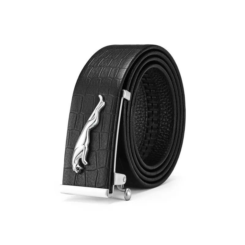 JAGUAR Business Casual Elegant Genuine Leather Automatic Buckle Cow Leather Leather Belts Men's Black Width 3.7cm-0
