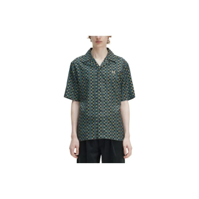 FRED PERRY Glitch Chequerboard Revere Collar Shirt Men's Green-2