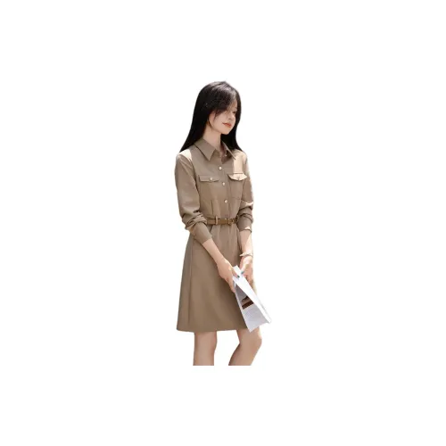 Mo Han Yi Mei Long-Sleeved Dresses Women's Khaki