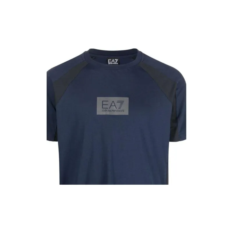 EMPORIO ARMANI EA7 Collection Logo Print Patchwork Raglan Short Sleeved T Shirt Men's Dark Blue-4
