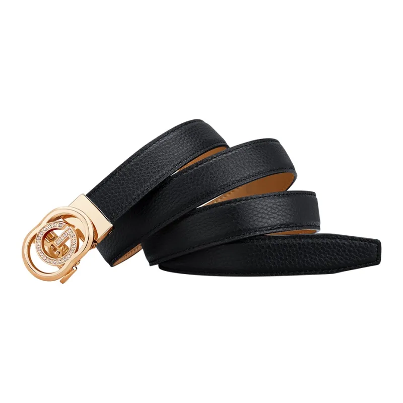 WilliamPOLO Top Grain Cow Leather Leather Belts Women's Gold Buckle Black Strap 2.4cm Width-3