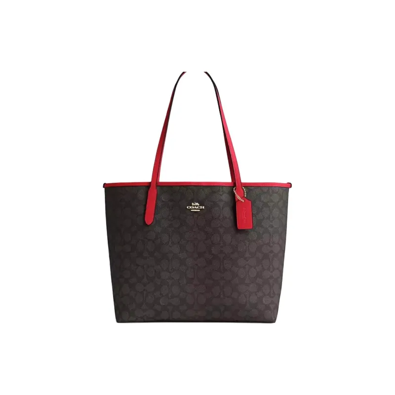 COACH City Coated Canvas Tote Bag, Shopping Bag, Handbag Tubas Women's Red & Coffee-0