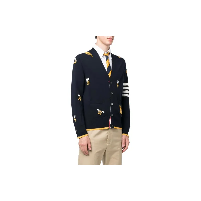 THOM BROWNE 4 Bar Striped Intarsia Patterned Buttoned Cardigan-3