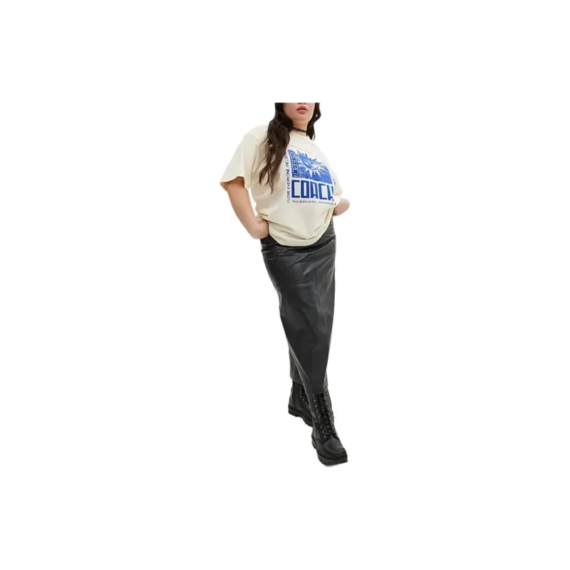 COACH Letter Print Crew Neck Short Sleeved T Shirt T Shirt Unisex Cream-1