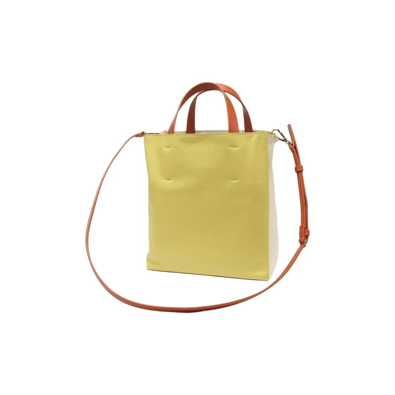 MARNI Museo Soft Calfskin Tote Bag, Shopping Bag, Handbag Trumpets Women's Beige/Green-4