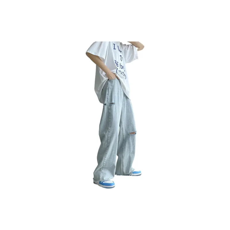 FAIRWHALE Jeans Unisex Ripped Denim Blue-7