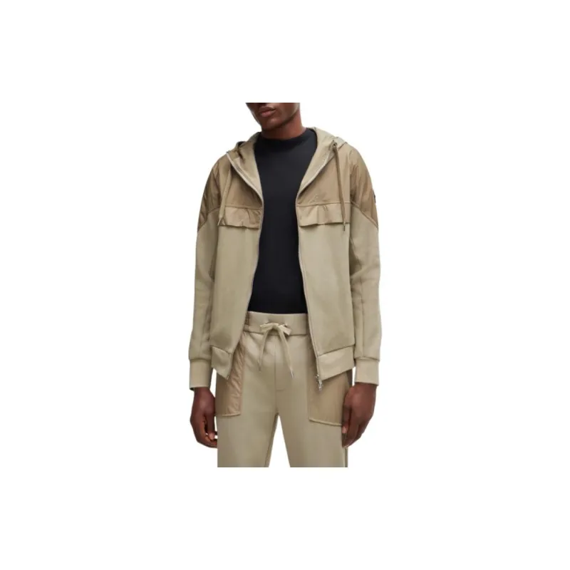 HUGO BOSS Regular-Fit Zip-Up Hoodie In Mixed Materials Jackets Coats Men's Light Brown-1
