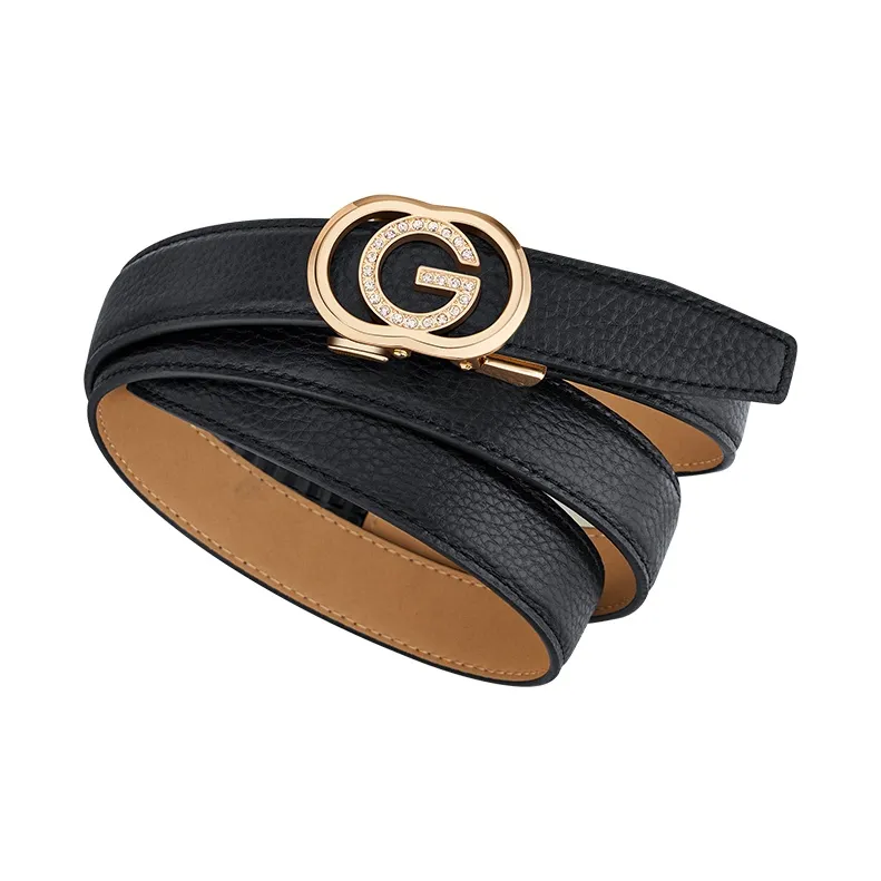 WilliamPOLO Top Grain Cow Leather Leather Belts Women's Gold Buckle Black Strap 2.4cm Width-2