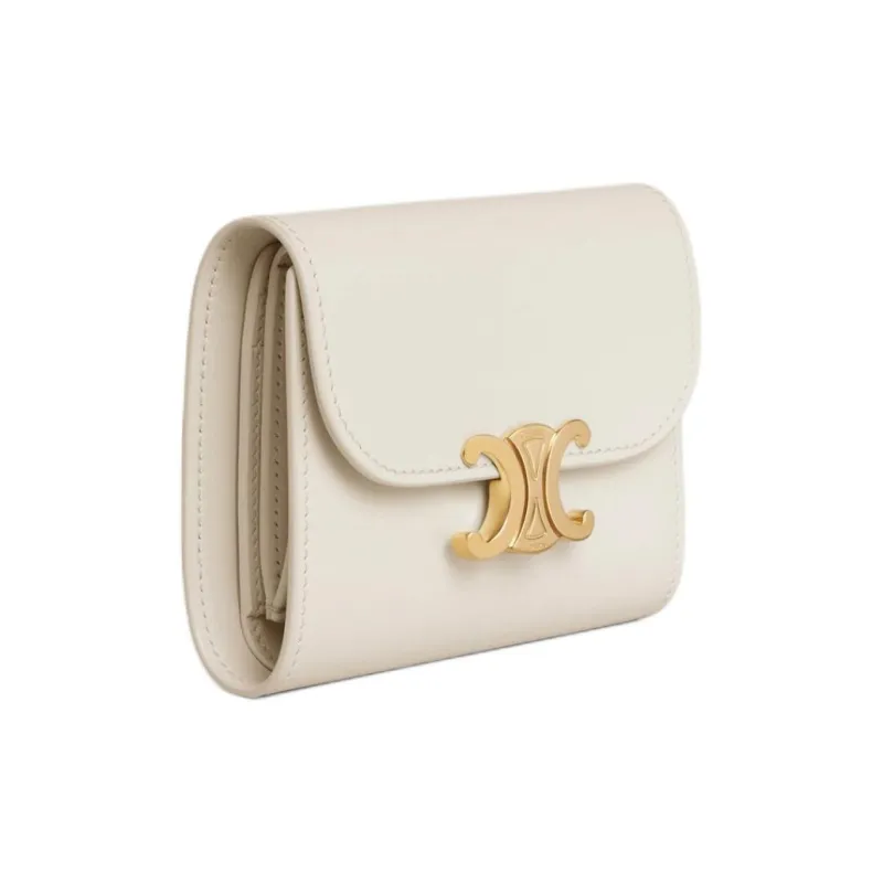 CELINE Triomphe Shiny Calfskin Wallet Small Size Women's White Cotton-1