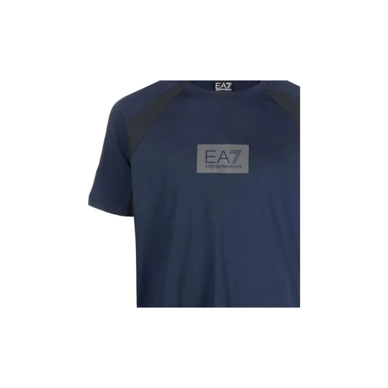 EMPORIO ARMANI EA7 Collection Logo Print Patchwork Raglan Short Sleeved T Shirt Men's Dark Blue-5