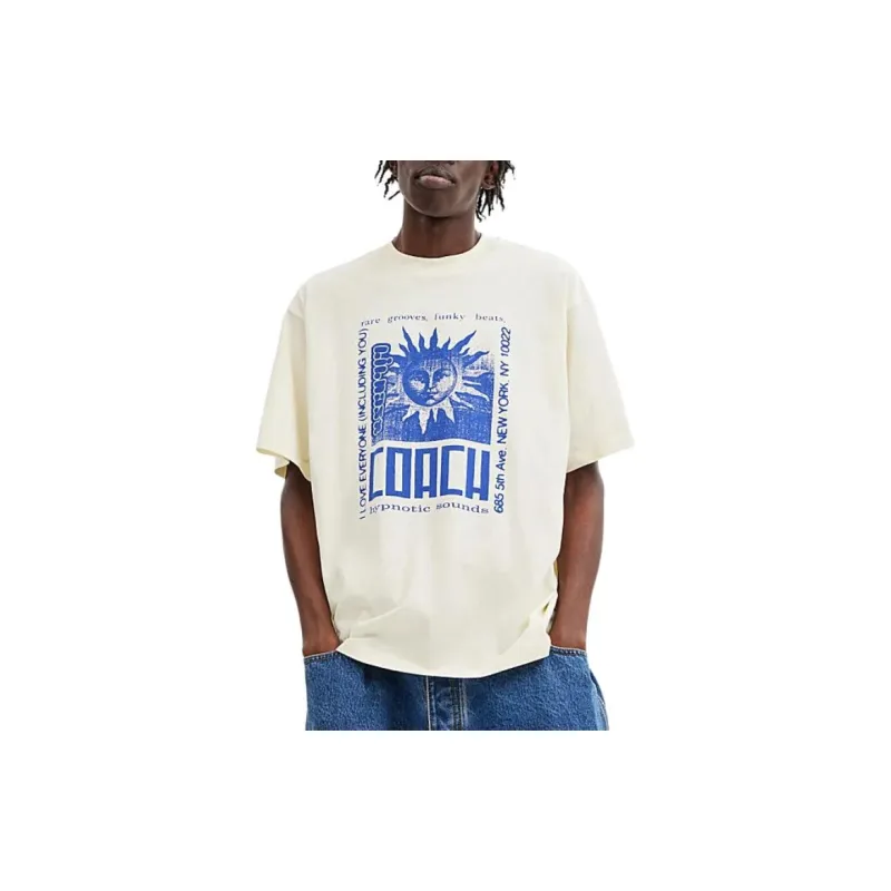 COACH Letter Print Crew Neck Short Sleeved T Shirt T Shirt Unisex Cream-4