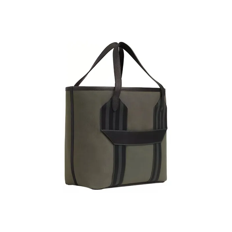 HERMES Pursangle Canvas With Clémence Calfskin Tote Bag Shopping Bag Handbag Men's Copper Green/Black/Jasper-1