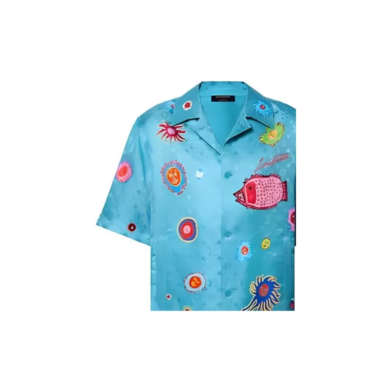 LOUIS VUITTON Pre Owned X Yayoi Kusama 2010 Monogram Face Shirt Short Sleeve Silk Turquoise Blue Multicolor 23AW-3