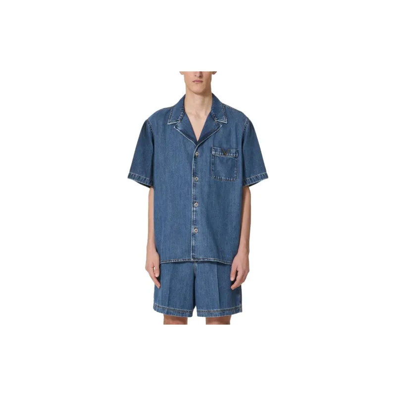 Valentino Logo Plaque Short Sleeved Denim Shirt-1