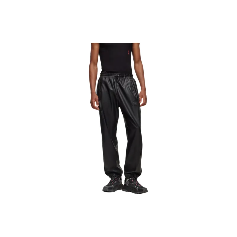 HUGO BOSS Faux-Leather Tracksuit Bottoms With Framed Logo Casual Pants Men's Black-3