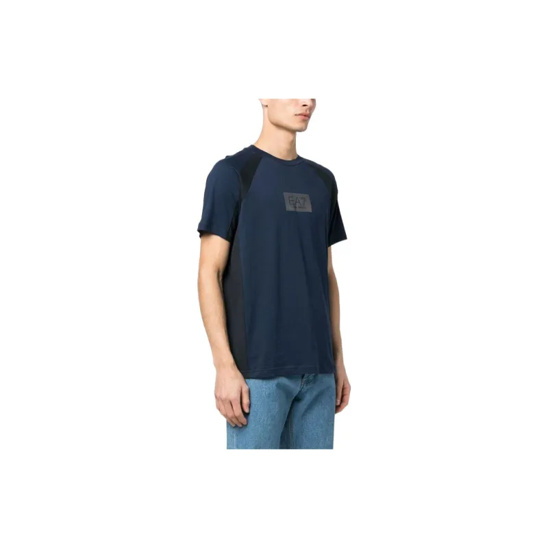 EMPORIO ARMANI EA7 Collection Logo Print Patchwork Raglan Short Sleeved T Shirt Men's Dark Blue-3