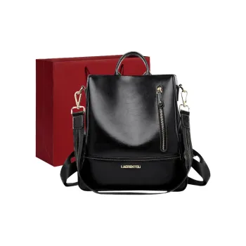 Old Man's Head Cow Leather Backpack Large Size Women's Black