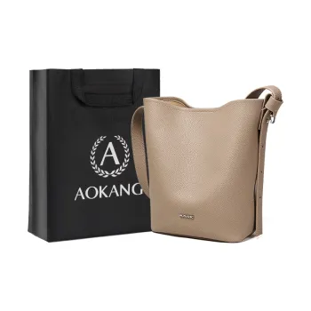 AOKANG Cow Leather Bucket Bag, Shoulder Bag Medium Size Women's Trench Gray/Cookie/Classic Black
