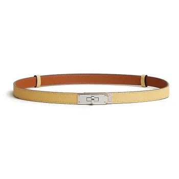 HERMES Kelly 18 Solid Color Decoration Smooth Buckle Calfskin Leather Belts Women's Yellow Width 1.8CM