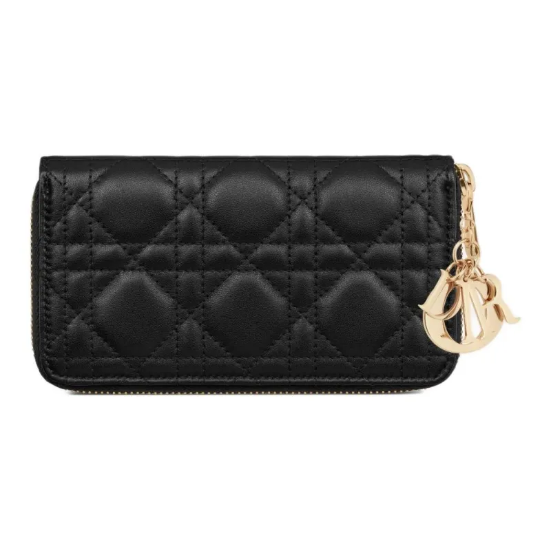 DIOR Lady Dior Lambskin Wallet Medium Size Women's Black-2