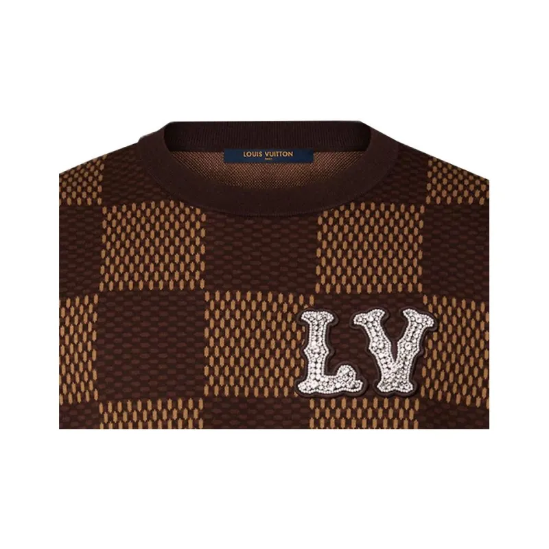 LOUIS VUITTON Short Sleeved Cotton Damier Crewneck With Crystal Lv Patch-6