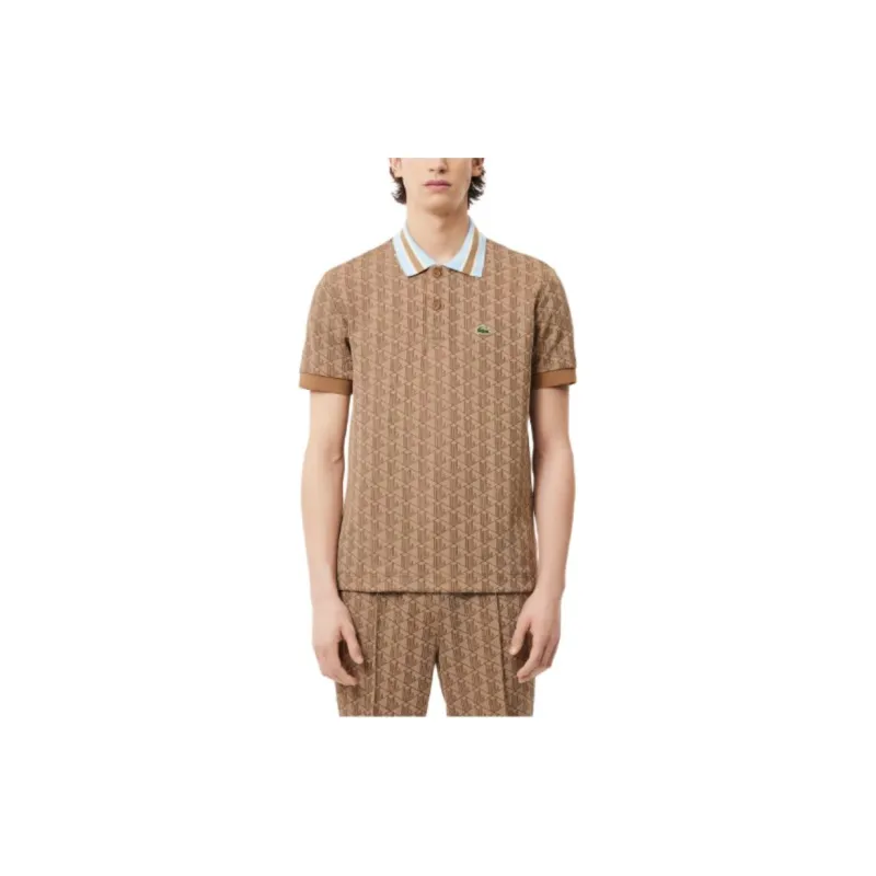 LACOSTE Classic Fit Contrast Collar Monogram Motif Polo Shirt Polo Shirt Men's Khaki-2