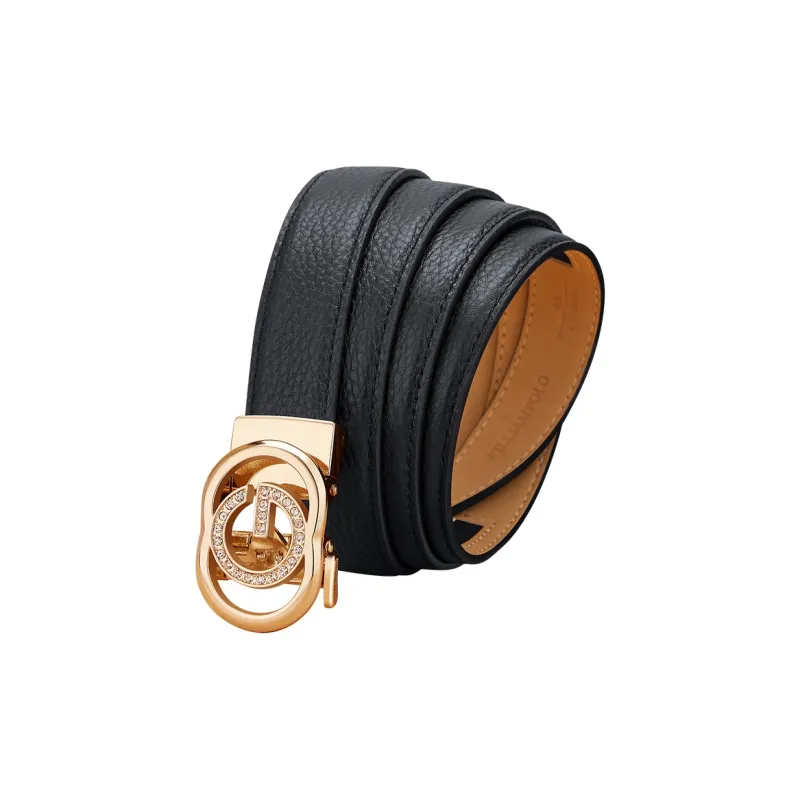WilliamPOLO Top Grain Cow Leather Leather Belts Women's Gold Buckle Black Strap 2.4cm Width-4