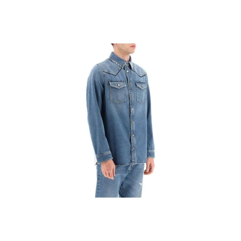 Valentino Stud Detailed Long Sleeved Denim Shirt-2
