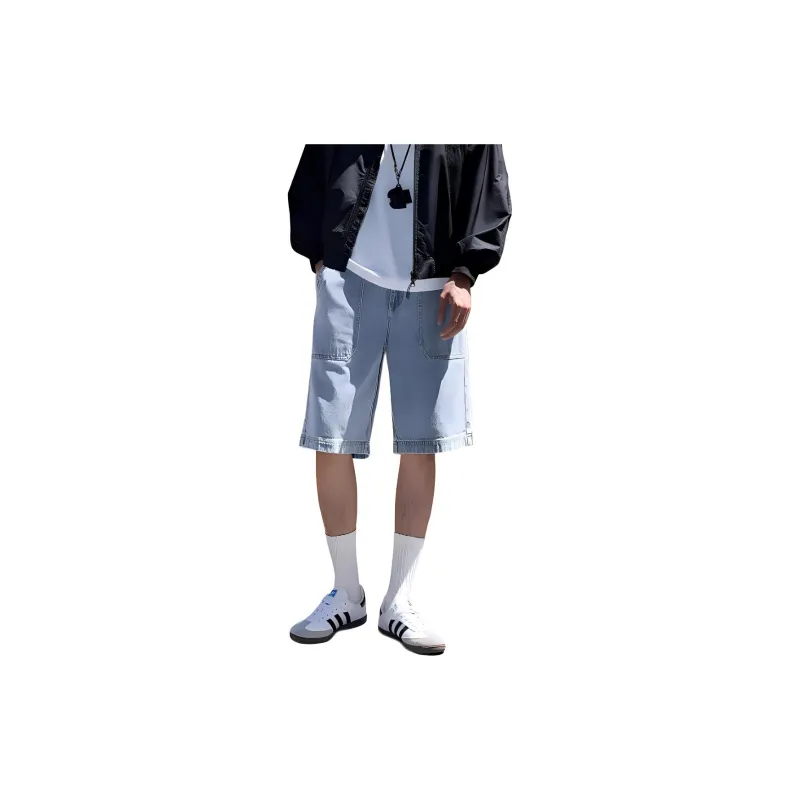 MIANXIANSHENG Denim Shorts Men's Vintage Light Blue-1