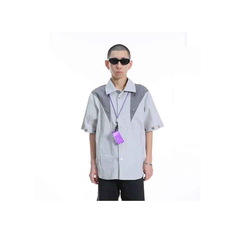 Voguo Relay Multi Metal Buckle Short Sleeved Shirt Unisex Black, Gray-7