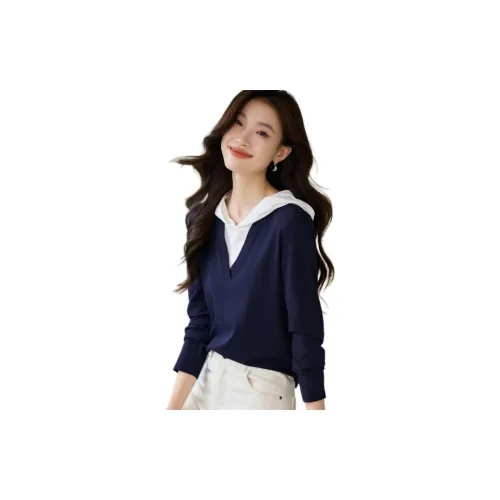 Mo Han Yi Mei T-Shirts Women's Navy Blue/White