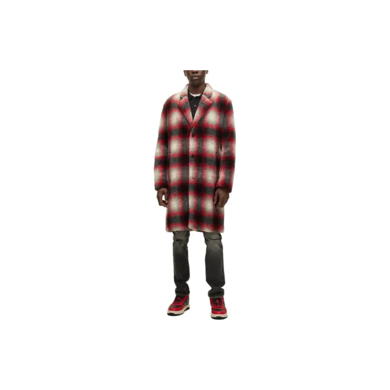 HUGO BOSS FW23 Regular Fit Coat In Checked Teddy With Smooth Lining Coat Men's Red-1
