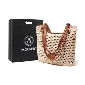 AOKANG Fabric, Synthetic Leather Tote Beach Bag, Hobo Bag, Woven Bag, Shoulder Bag Regular Women's White Apricot