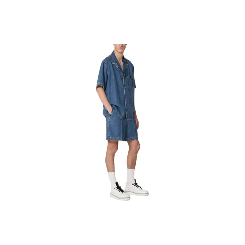 Valentino Logo Plaque Short Sleeved Denim Shirt-3