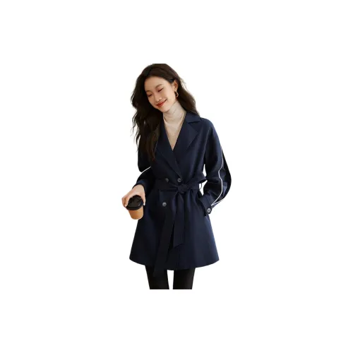 Mo Han Yi Mei Trench Coats Women's Navy Blue