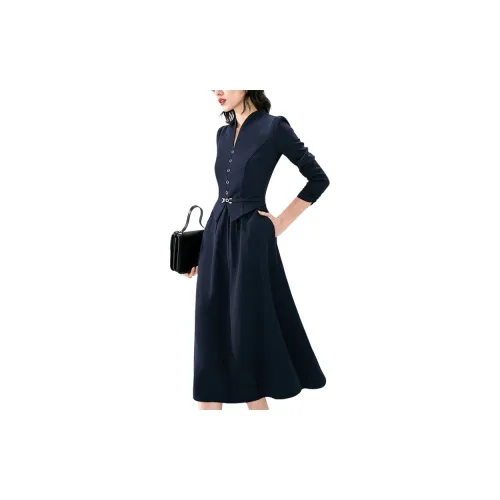 Late White Long-Sleeved Dresses Women's Dark Blue