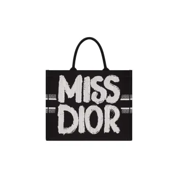DIOR BookTote Cotton Tote Bag Shopping Bag Handbag Large Size Women's Black White
